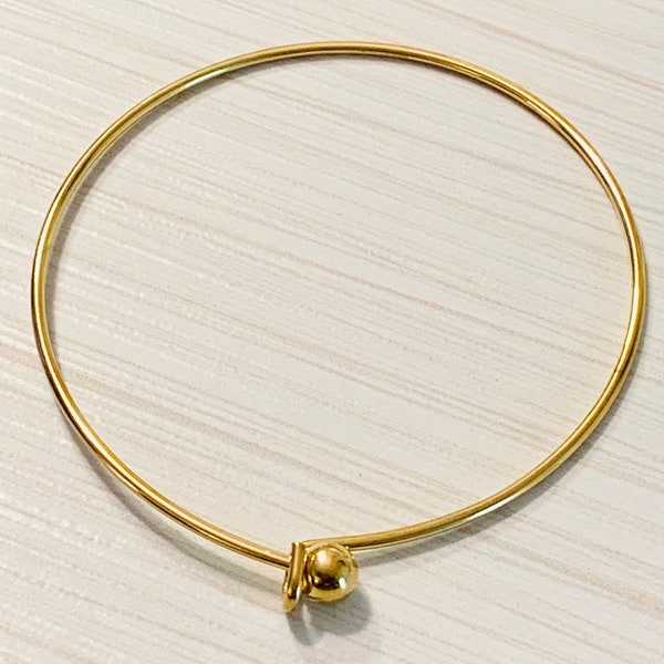 Gold finish over stainless steel wire bangle bracelet - removable gold ball - hook - add beads and charms