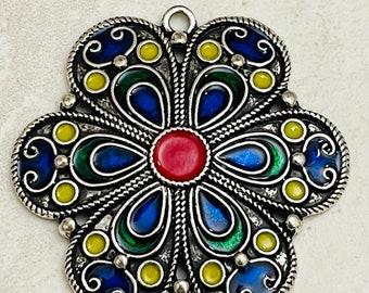 1 large colorful flower pendant - multicolored - red enamel center - silver tone finish