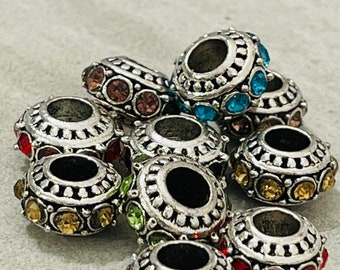 Set of 10 antique silver multicolored rhinestones large hole beads - mixed colors