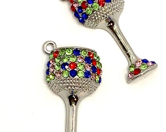 2 Multi-colored rhinestone and silver tone wine glass cup charms