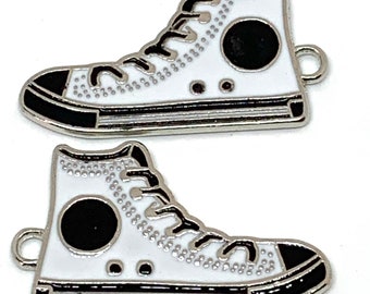 Set of 2 enamel hi-top sneaker charms - white with black and silver accents - silver finish