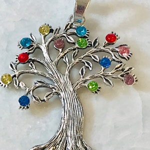 1 extra large antique silver tree pendant - multicolored rhinestone leaf accents