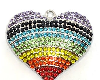 1 large multicolored rhinestone heart pendant charm - silver tone finish