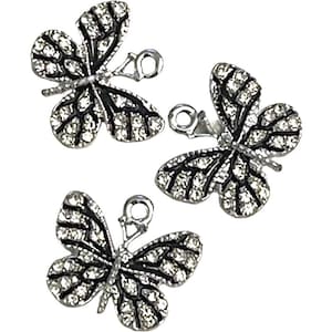 3 pretty butterfly charms - rhinestones - black enamel -  silver tone finish