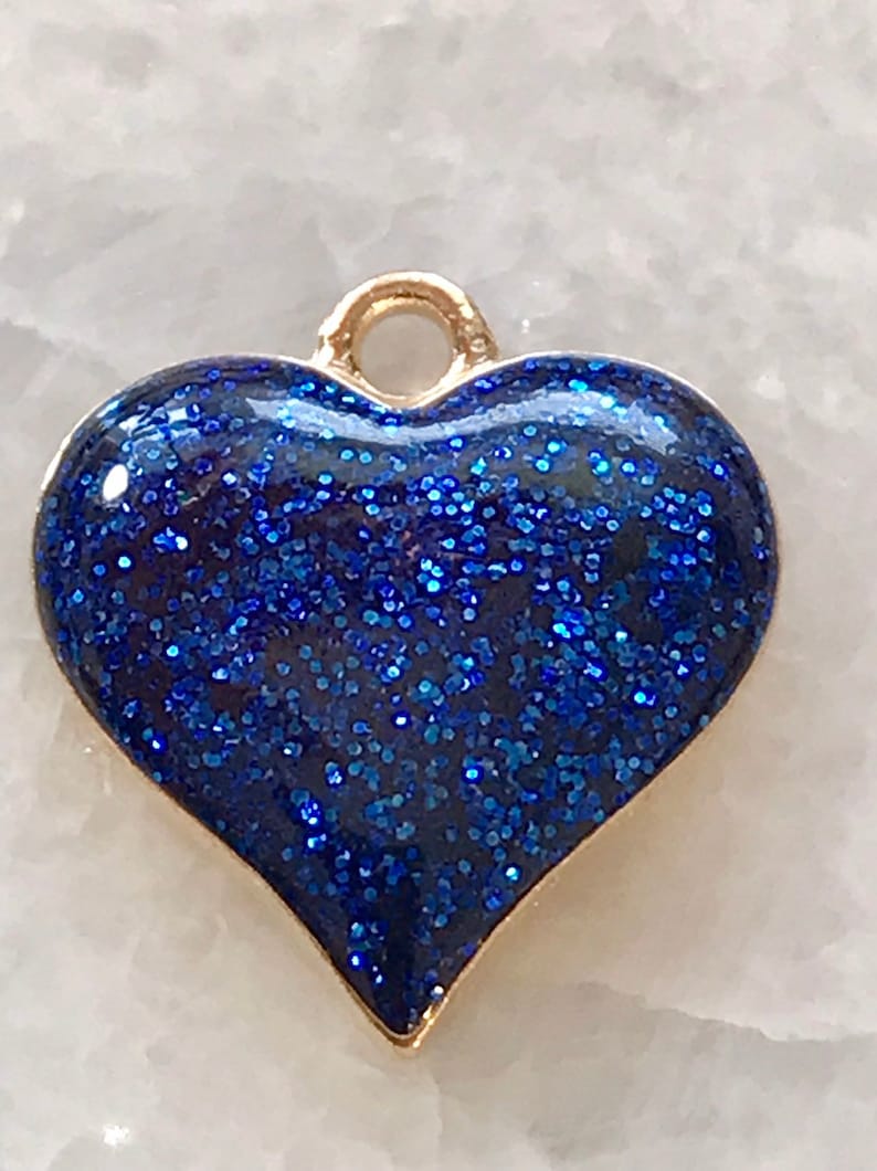 3 shiny blue glitter heart charms gold tone Etsy