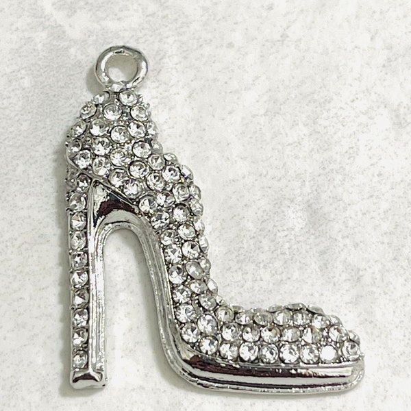 1 rhinestone beautiful high heeled stiletto shoe charm - pendant - silver finish