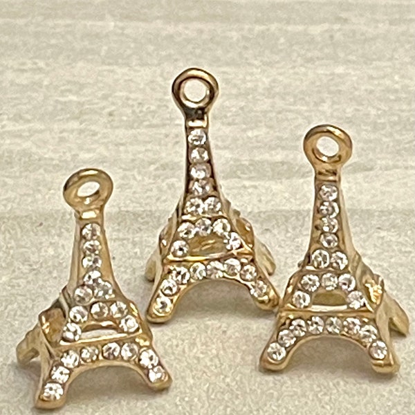 3 Eiffel Tower charms - rhinestones - 3D- gold tone finish