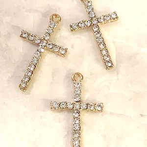 3 Beautiful rhinestone crosses - charms - gold tone - crystal - great for DIY jewelry - religious