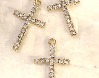 3 Beautiful rhinestone crosses - charms - gold tone - crystal - great for DIY jewelry - religious