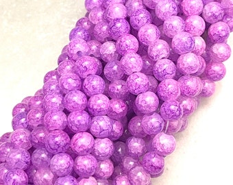 Baking painted crackle style round glass beads - 8mm - shades of purplish pink orchid color