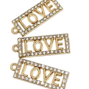 3 rhinestone gold tone rectangle love charms - word