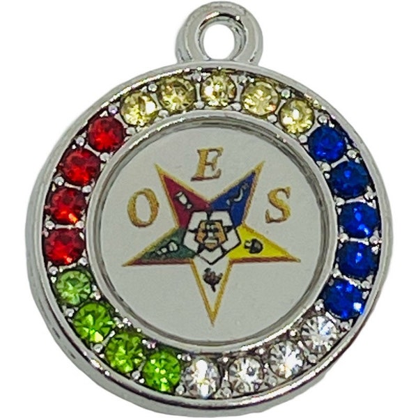 1 small round OES - Order of the Eastern Star charm - pendant - silver tone - multicolored rhinestones