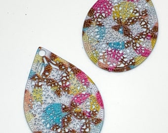 Set of 2 Teardrop Shaped Multicolored Open Filigree Design Charms