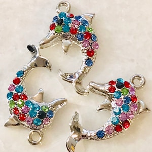 3 Multi-colored rhinestone and silver tone dolphin charms - black crystal eyes - fish - ocean - bling