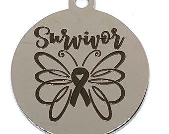 Survivor butterfly stainless steel round laser engraved charm - pendant