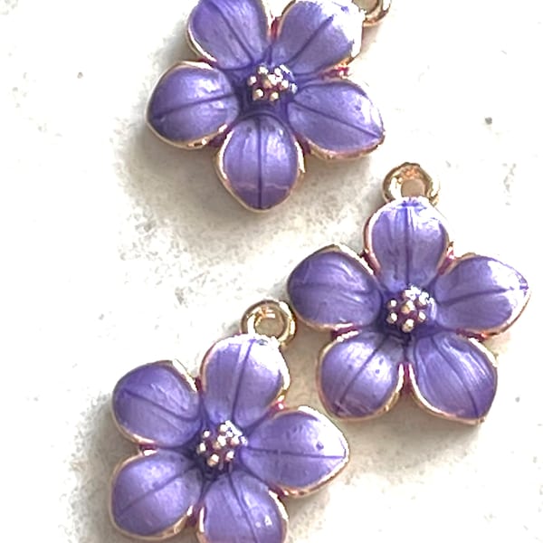 3 dainty purple enamel and gold tone flower charms - pearlized shiny petals - gold center