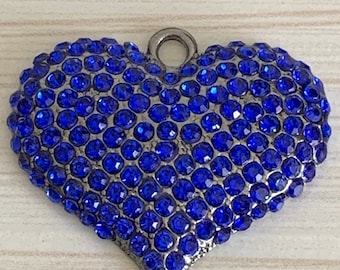 1 large blue rhinestones - gunmetal setting heart charm - pendant