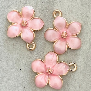 3 dainty pink enamel and gold tone flower charms - pearlized shiny petals - gold center