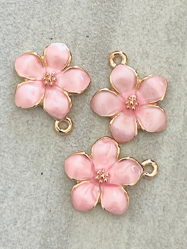 3 dainty pink enamel and gold tone flower charms pearlized shiny petals gold center image 1