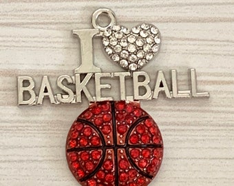 1 beautiful, rhinestone and silver tone I Love Basketball charm - pendant - sparkling deep red rhinestone basketball - rhinestone heart