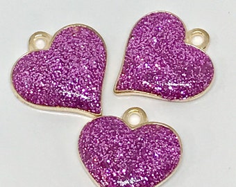 3 shiny purple glitter heart charms  - gold tone