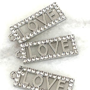 3 rhinestone silver tone rectangle love charms - word