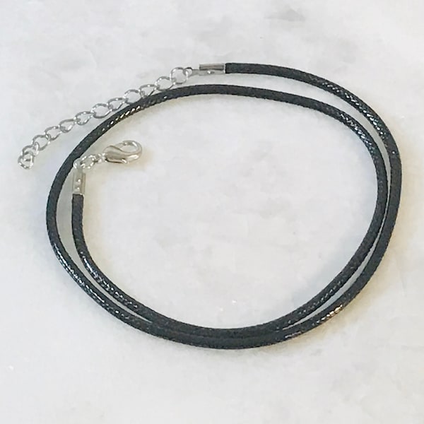 Black Waxed Polyester Cord Necklace w/Lobster Clasp and Extender Chain