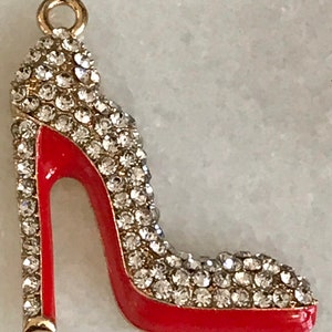 1 Gorgeous mostly clear rhinestones high heeled stiletto shoe charm - pendant - gold tone