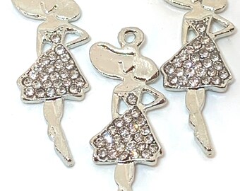 3 Lady silhouette beautiful rhinestone dress charms - hat -  silver tone - jewelry making -  crafting