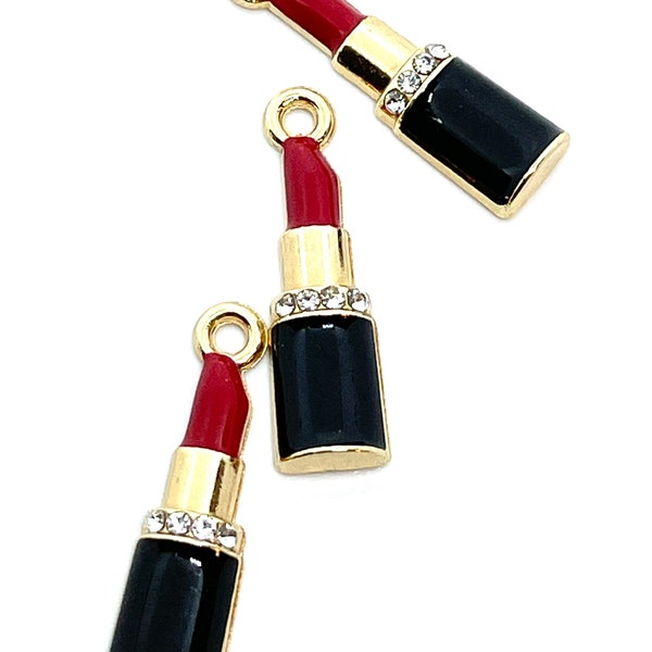 3 red and black smaller size enamel gold tone lipstick charms - rhinestone accents