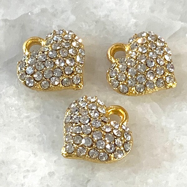 3 Rhinestone small gold puffy heart charms