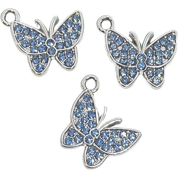 3 dainty butterfly charms - blue rhinestones - silver finish