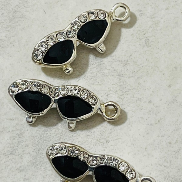 3 shiny silver tone and rhinestone sunglasses charms - black enamel lenses - fashion - beach - accessory