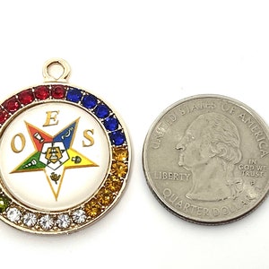 1 round OES gold tone finish Order of the Eastern Star charm pendant multicolored rhinestones image 2