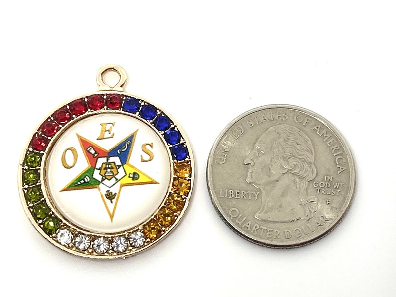 1 round OES gold tone finish Order of the Eastern Star charm pendant multicolored rhinestones image 2