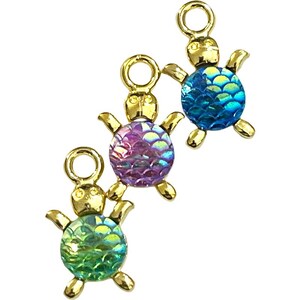 3  colorful resin turtle charms - gold tone finish