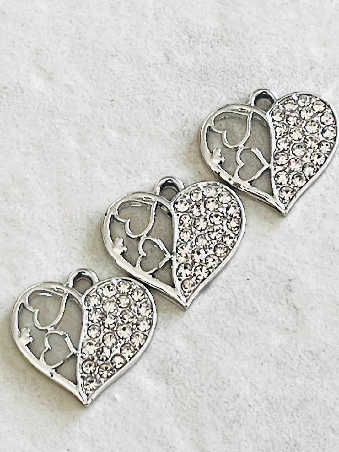 Silver Rhinestone Heart Set of 3 Pretty Silver Rhinestone Open Heart Charms - Etsy