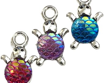 3  colorful resin turtle charms - silver tone finish