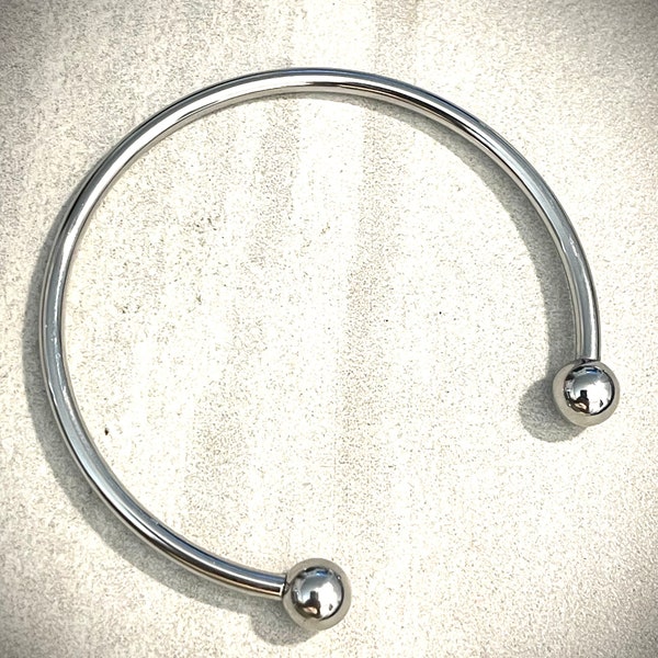 Open stainless steel silver tone thick double ball cuff style bangle bracelet - 3mm