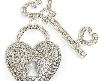 Extra Large heart and key pendant set - rhinestones - silver tone