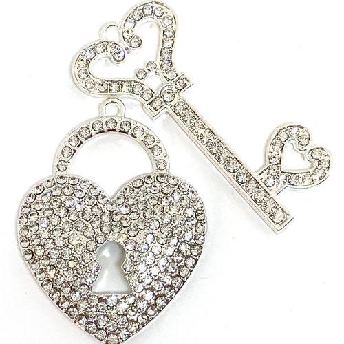 Extra Large Heart and Key Pendant Set Rhinestones Silver Etsy