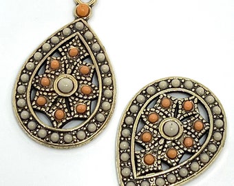Antique bronze enamel teardrop charms - coral and beige small beads - earrings - pendant - set of 2
