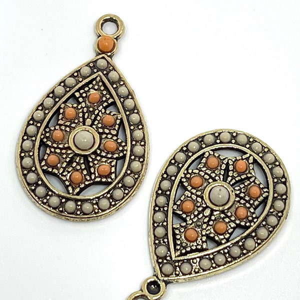 Antique bronze enamel teardrop charms - coral and beige small beads - earrings - pendant - set of 2