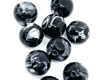 Set of 10 - 16mm black beads - two tone w/white swirl design shiny round acrylic beads - 2mm hole