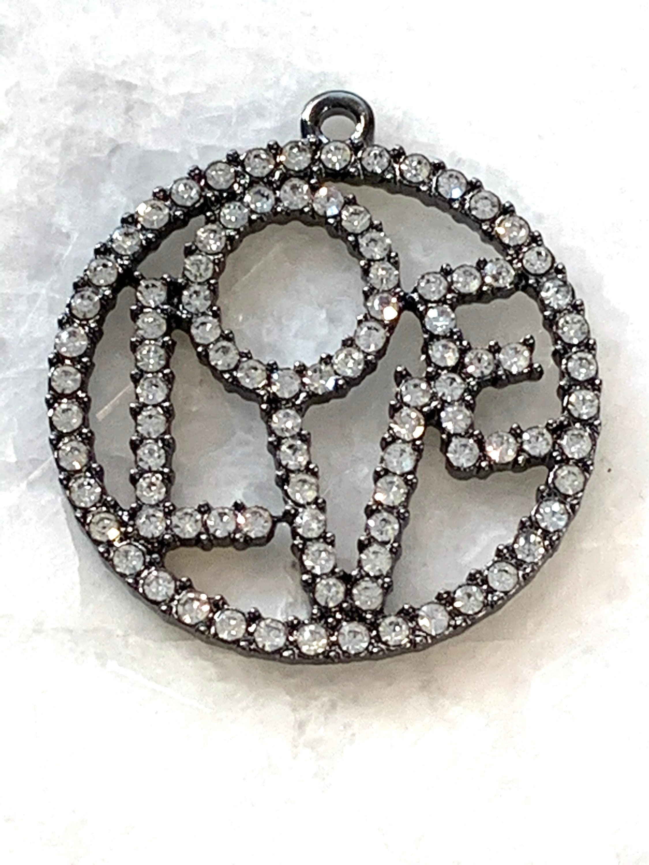 1 rhinestone LOVE charm pendant - round - gunmetal