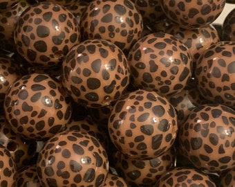 Set of 10 - 20mm brown animal print chunky bubblegum acrylic round beads - black spots