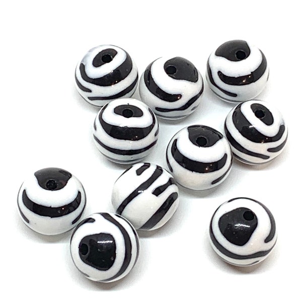Set of 10 - 16mm black and white zebra print - chunky bubblegum acrylic round beads - 2mm hole