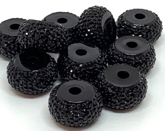 Set of 10 black resin rhinestone style rondelle spacer beads - 16mm x 9mm