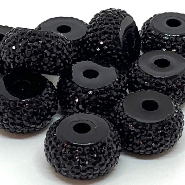 Set of 10 black resin rhinestones rondelle spacer beads - 14mm x 10mm