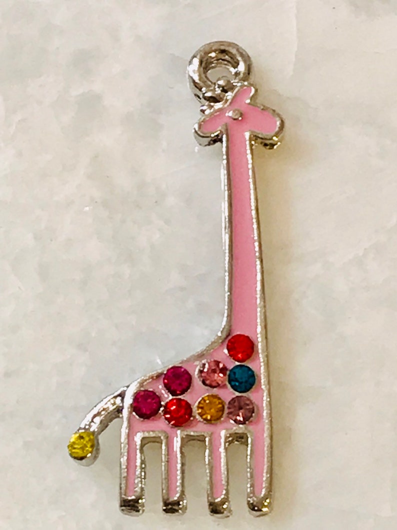 3 pink enamel and multi-colored rhinestones giraffe charms silver tone